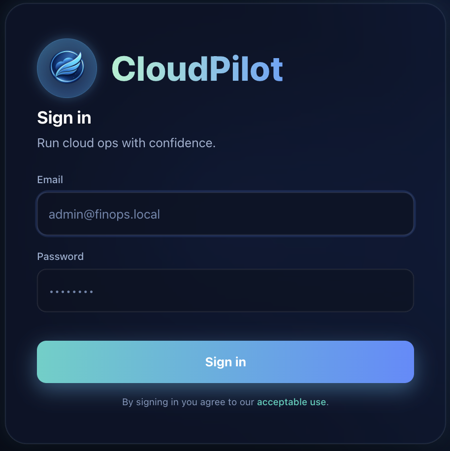 CloudPilot sign in screen: logo, email and password fields, and Sign in button on a dark background.