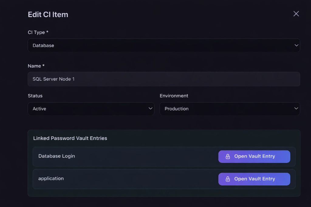 Edit CI Item modal showing type, name, status, environment, and linked password vault entries with Open Vault Entry actions.