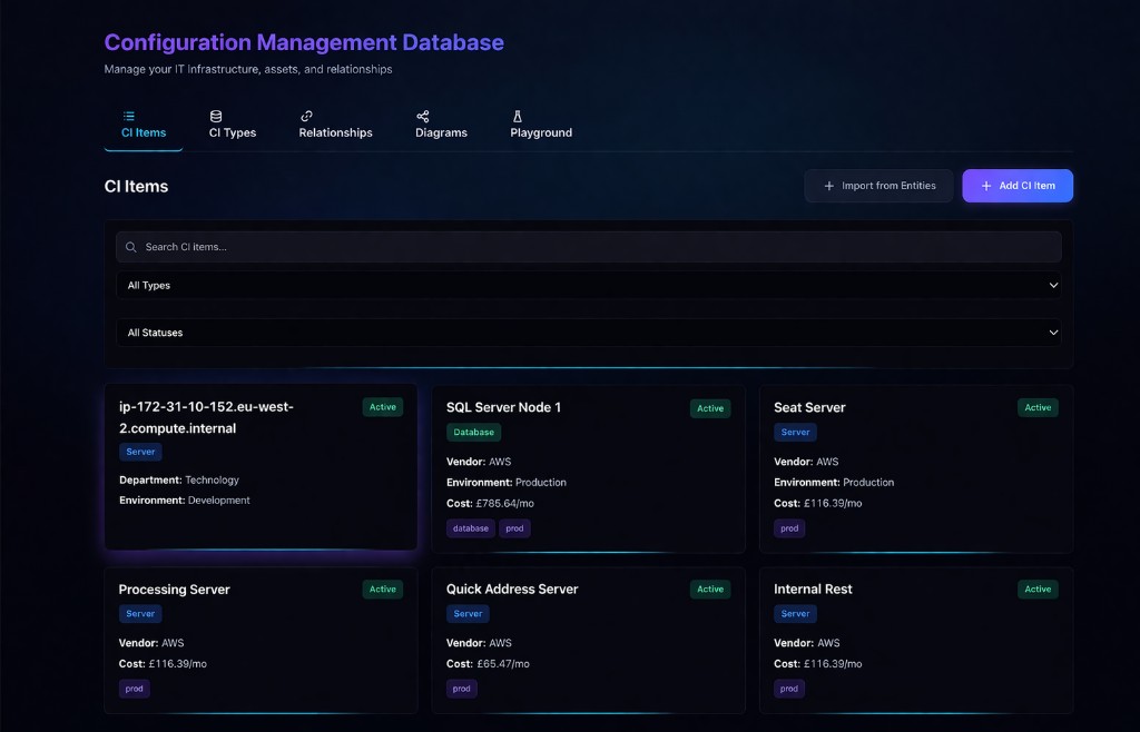 Configuration Management Database with CI items grid, filters, tabs for types and relationships, and server and database cards.