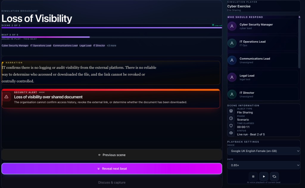Cyber Exercise simulation broadcast: scenario scene with narration and alert, scene and beat progress, roles in play, expected responders, and facilitator playback controls.