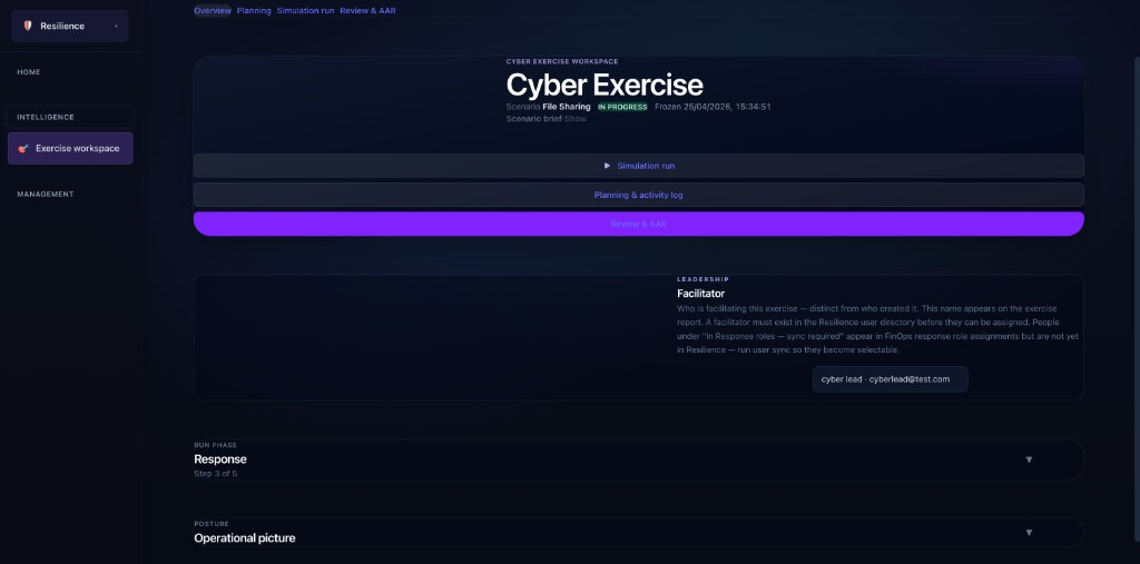 Cyber Exercise workspace in Resilience: navigation, Overview, Planning, Simulation run, and Review and AAR tabs, exercise status, phase shortcuts, Leadership facilitator assignment, and run phase posture panels.