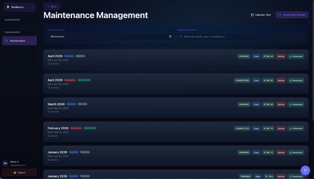 Maintenance Management: session list with dates, server counts, status, calendar view, and create session.