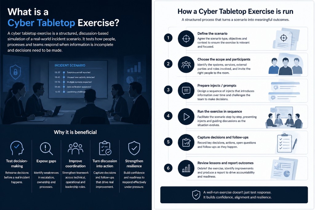 Infographic: What is a Cyber Tabletop Exercise (definition and boardroom scenario timeline), why it is beneficial (five pillars: decision-making, gaps, coordination, action, resilience), and how it is run (six steps from define scenario through review and report).