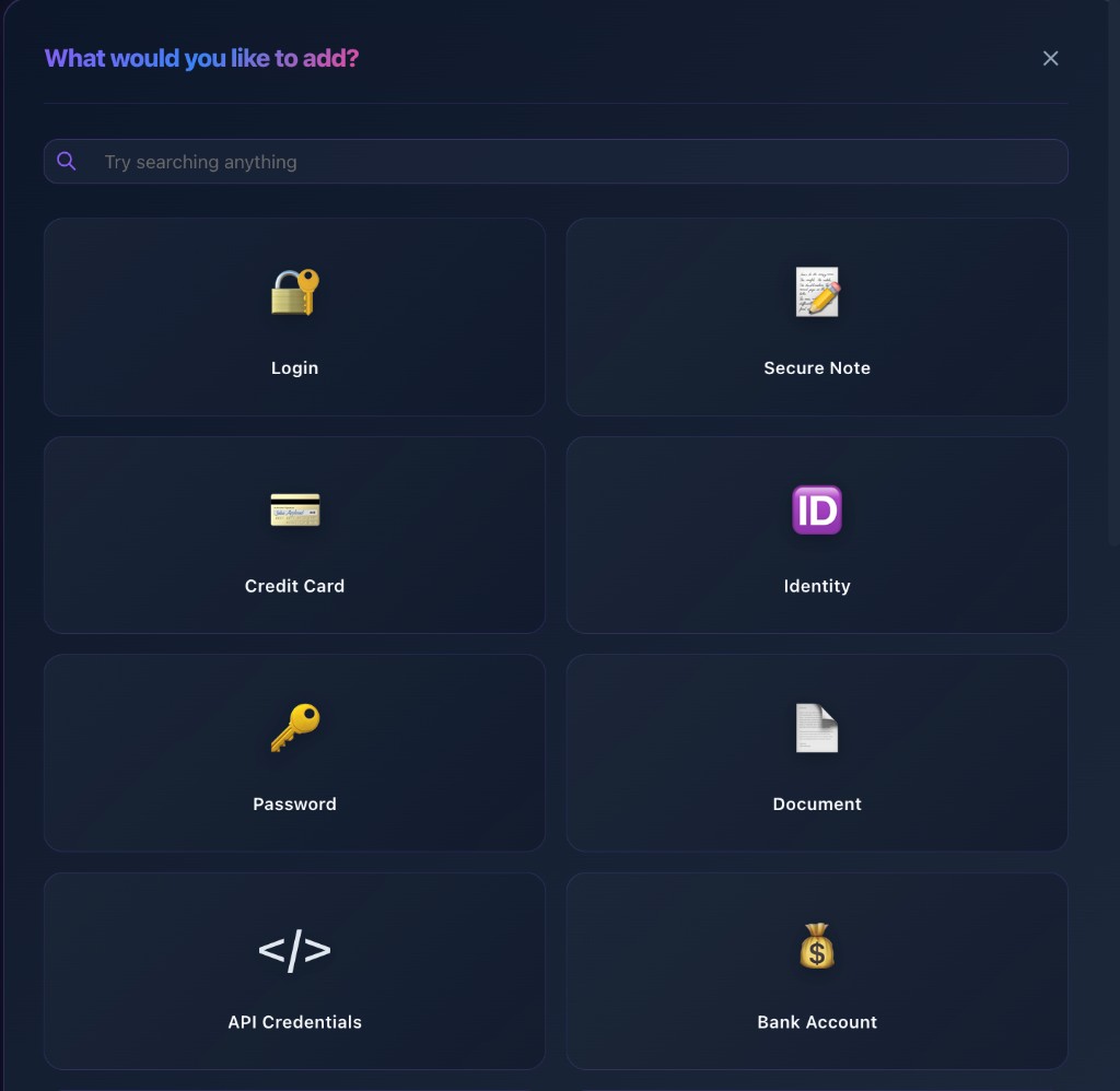 Vault add-entry screen with search and a grid of entry types including Login, Secure Note, Credit Card, Identity, Password, Document, API Credentials, and Bank Account.