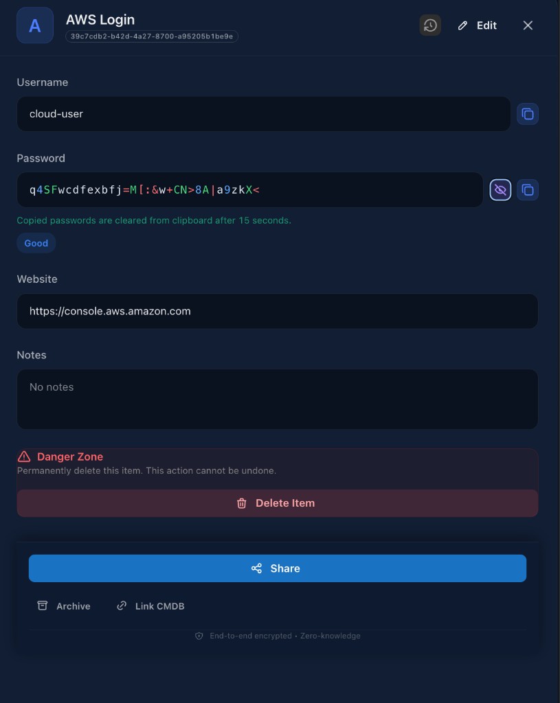 Vault AWS Login record with username, password field, website URL, Link CMDB action, and zero-knowledge security note.